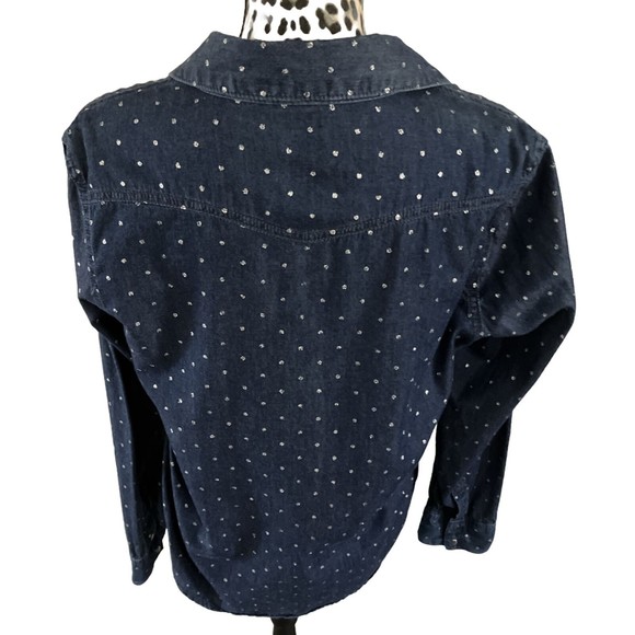 seven 7 Top Blouse L Blue Button Up Silver Polka Dot Pearl Snap Pockets Classic - Picture 6 of 7